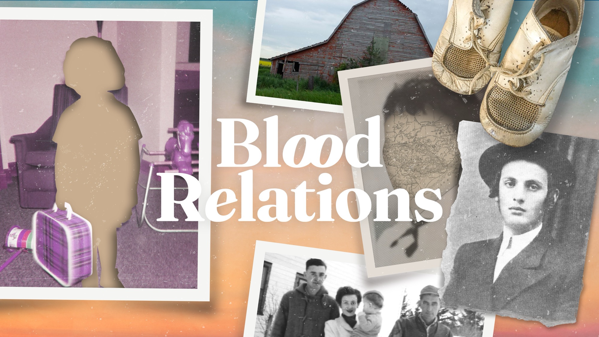 הכרזה של Blood Relations, קולאז' של תצלומים משפחתיים מארכיון, זוג נעלי תינוק ואסם