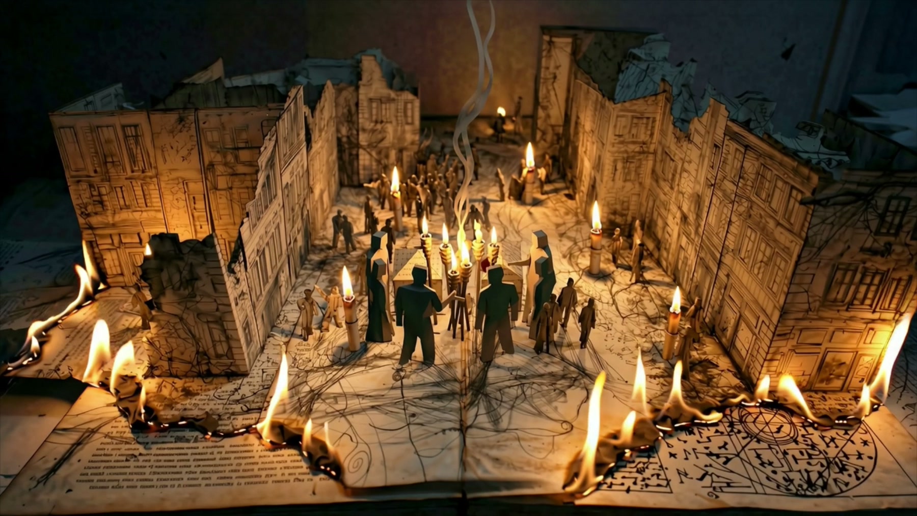 פריים מהסרט: עיירת הנייר עולה באש, ולהבות אמיתיות אוחזות בבתי הנייר