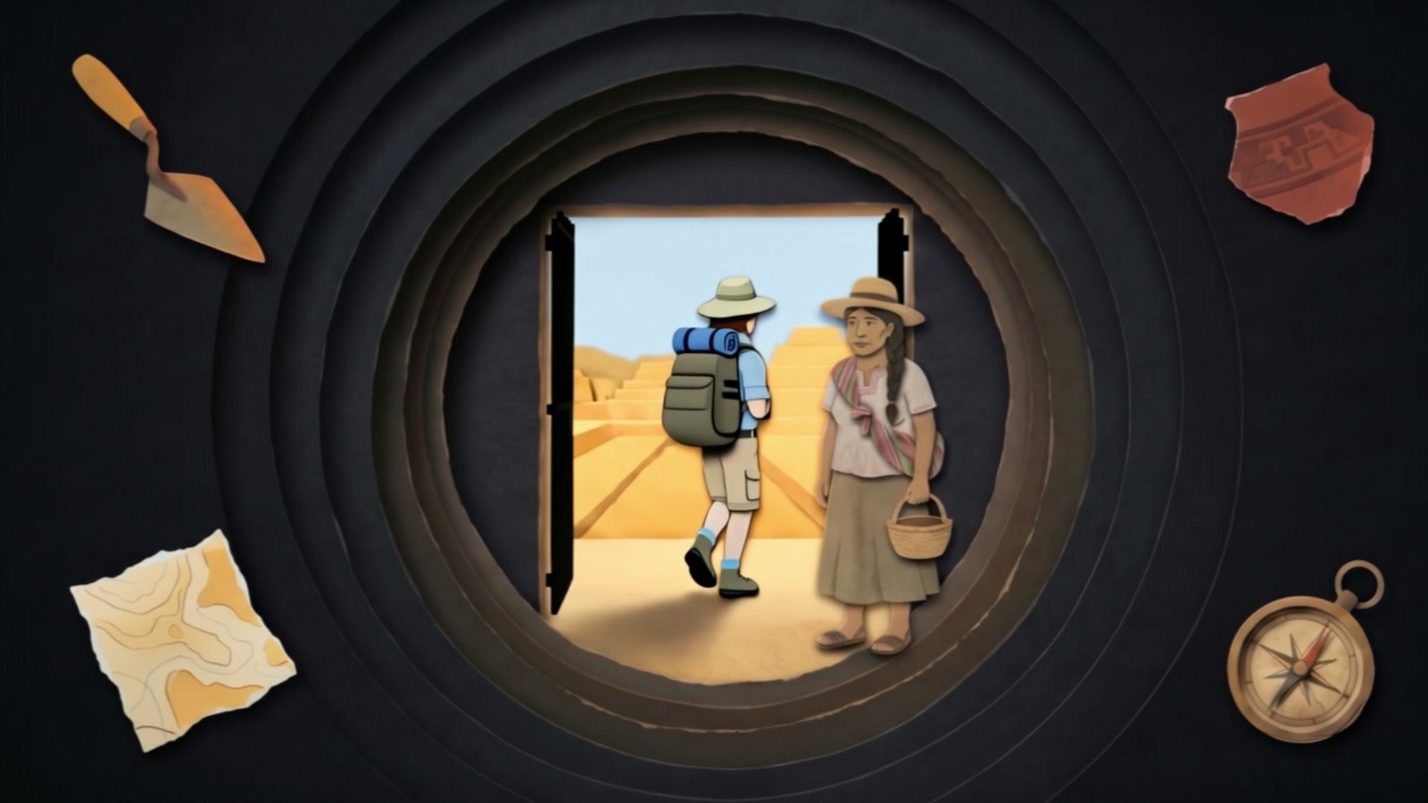 פריים מהסרט: חוקר עם תרמיל נכנס בשער הברזל הפתוח אל האתר, ואישה מקומית עם סל נשארת בצד, מבעד לטבעות
