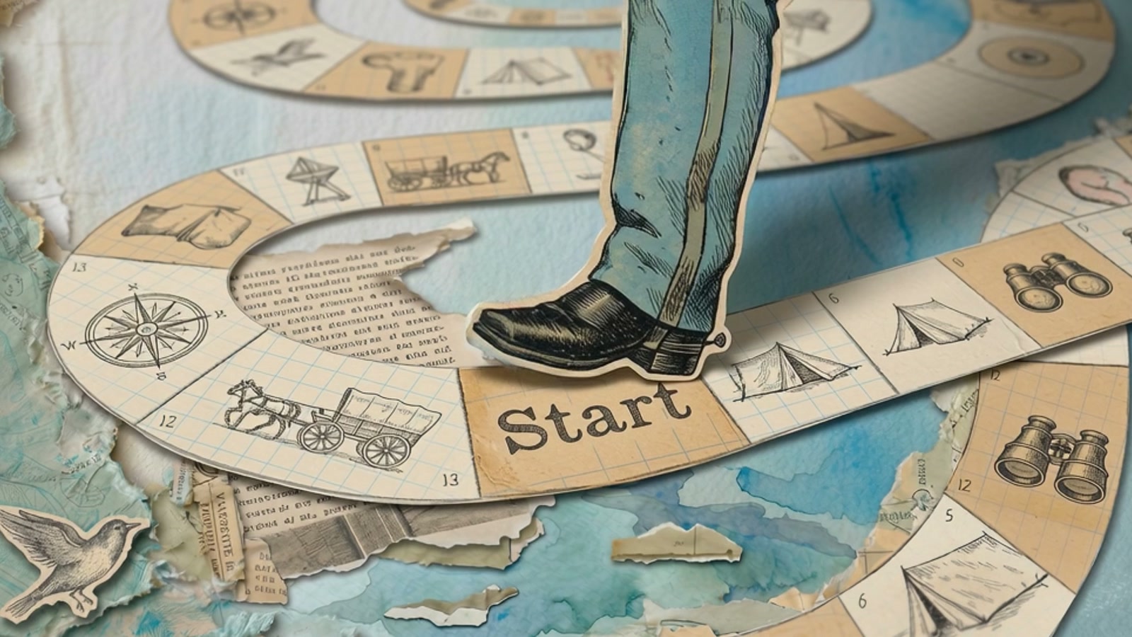 פריים מהסרט: מגף דורך על משבצת שכתוב עליה Start, במסלול של משחק לוח