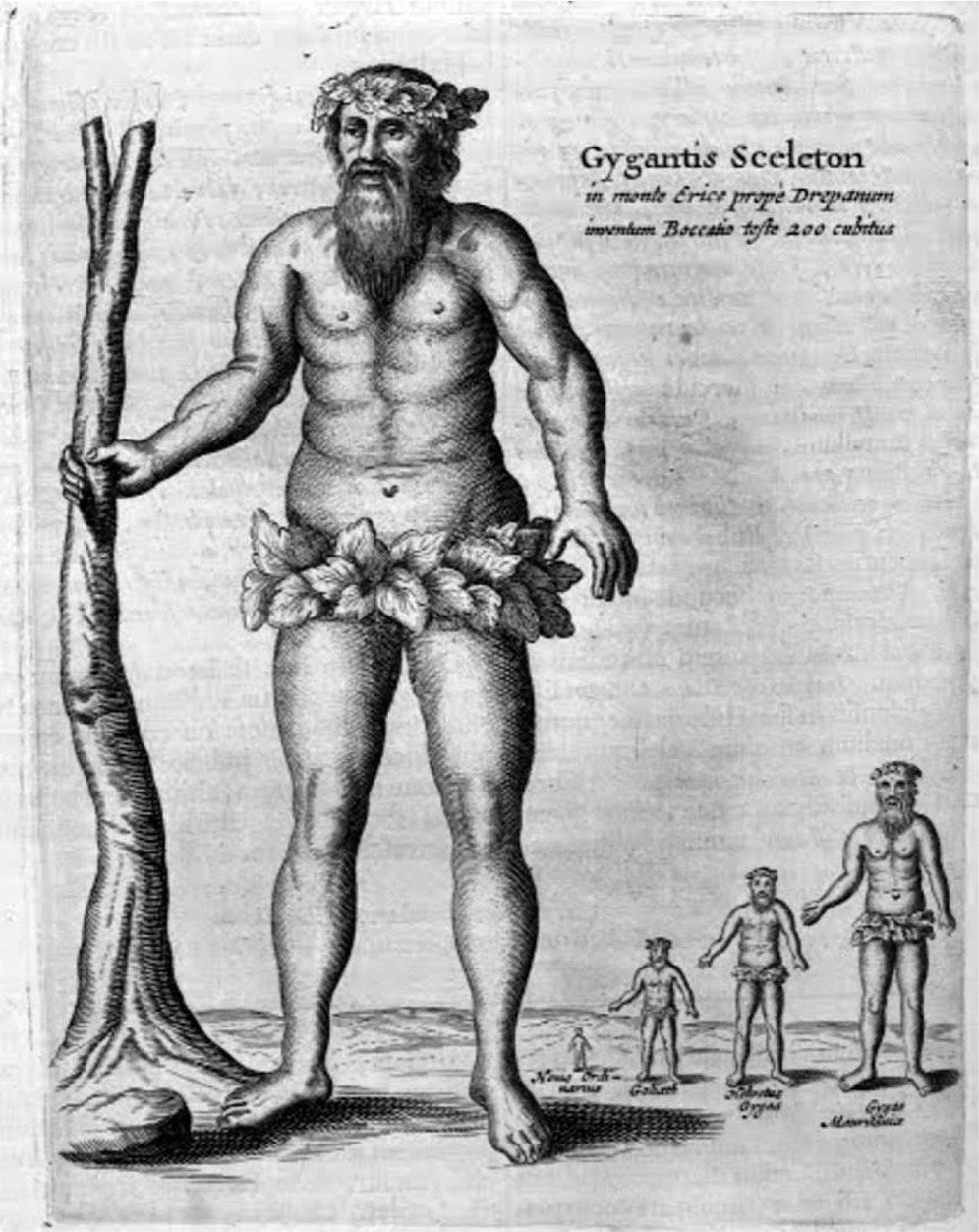 תחריט מראשית העת החדשה, Gygantis Sceleton, ענק ולצדו דמויות קטנות ממנו