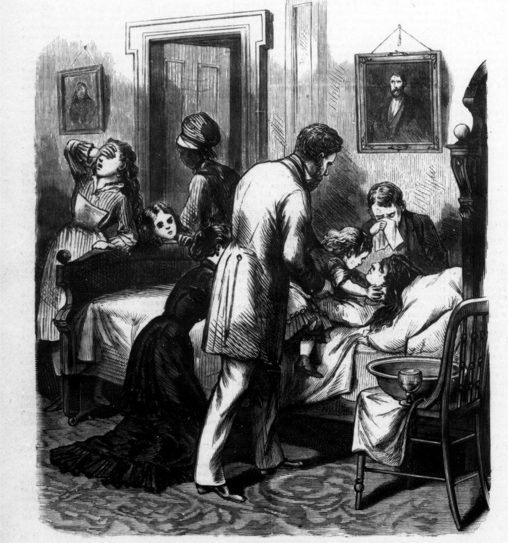 תחריט מעמוד העיתון מ־1878: משפחה מתאספת סביב ערש דווי