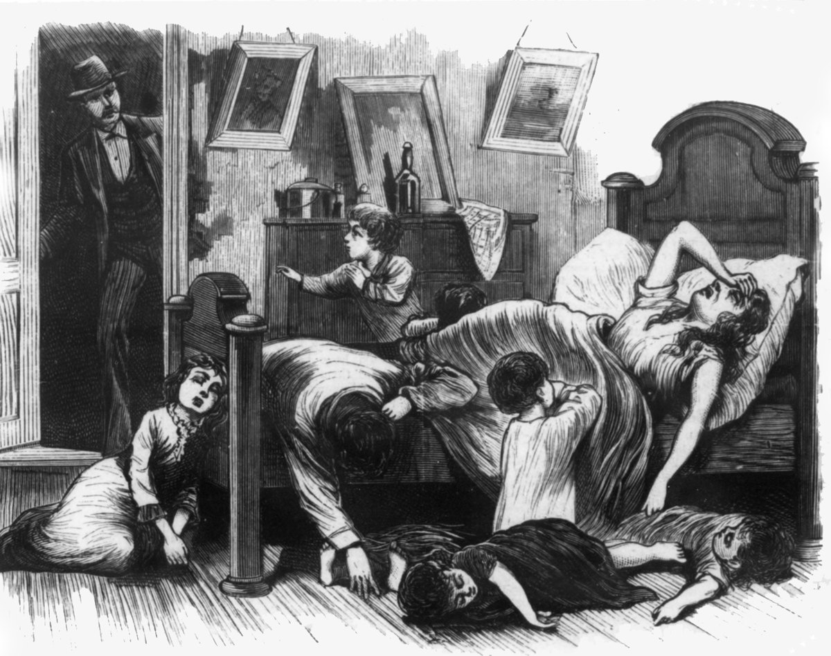 תחריט מעמוד העיתון מ־1878: אם שקרסה במיטתה, וילדיה סביבה