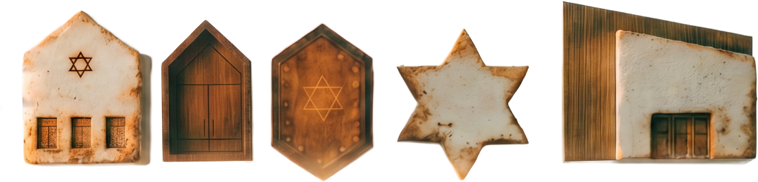 שורה של חמישה מבנים יהודיים קטנים ומאוירים מתקופות שונות, על רקע שקוף: בית כנסת מעץ עם מגן דוד, צורה של דלת עץ, גנזך משושה עם כוכב, מגן דוד שהפך למבנה, ואולם תפילה עם קשתות.