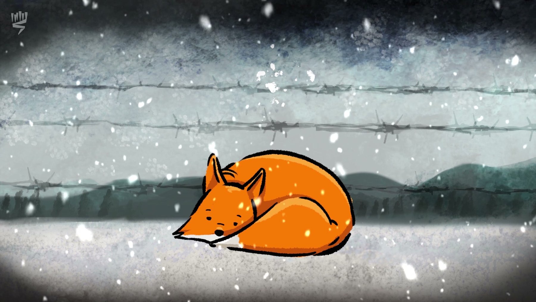 A fox curled in the snow, from Red Fox, a film in Our Story for Yad Vashem